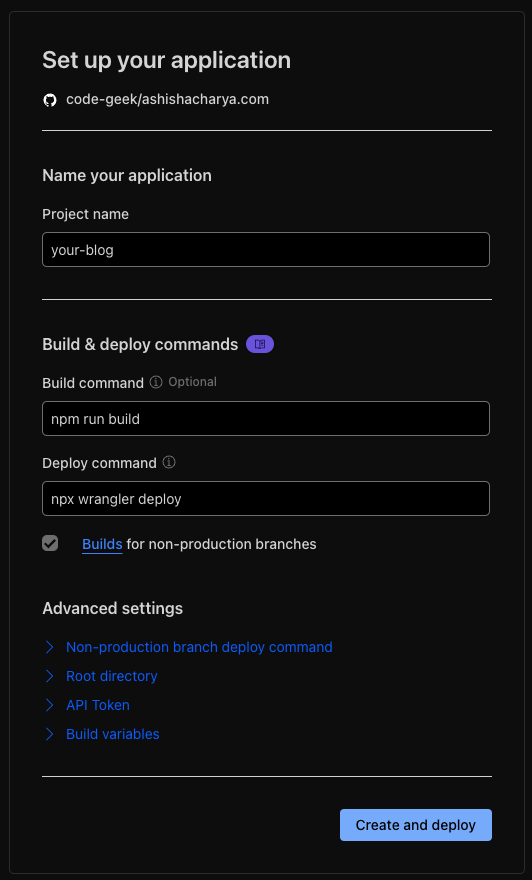 Cloudflare Pages setup with filled form